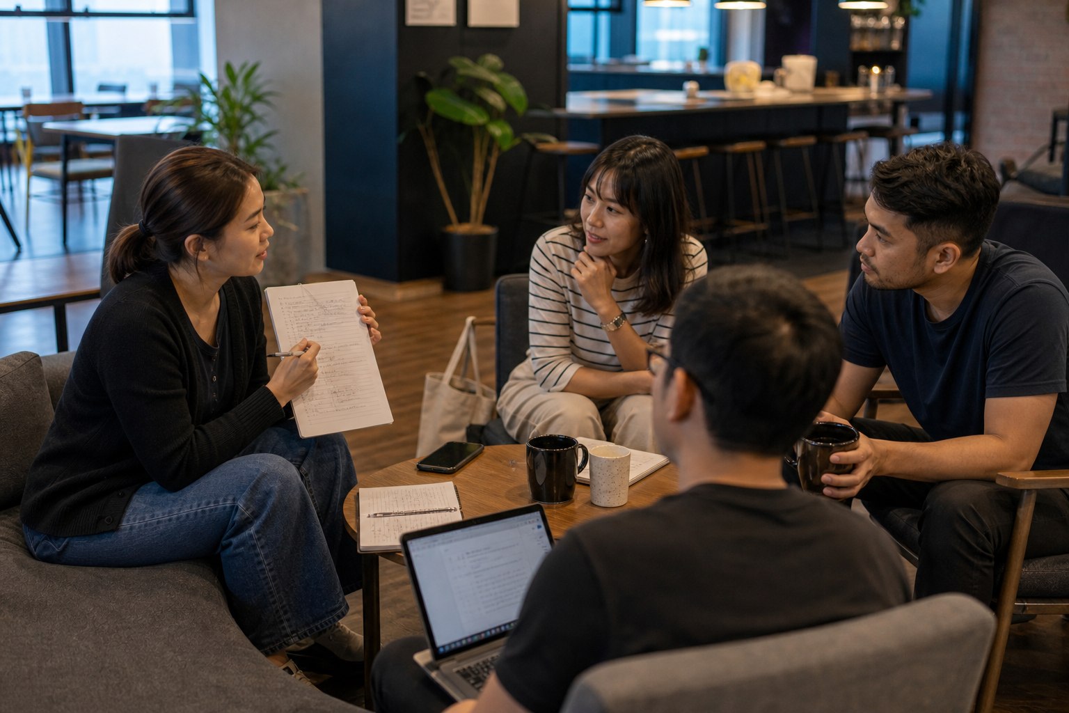Four people sharing notes during an informal community workshop
